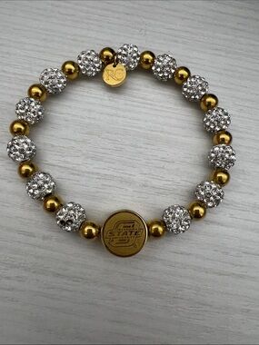 Rustic Cuff Gold and Silver Crystal Bead Stretch Bracelet with OSU logo